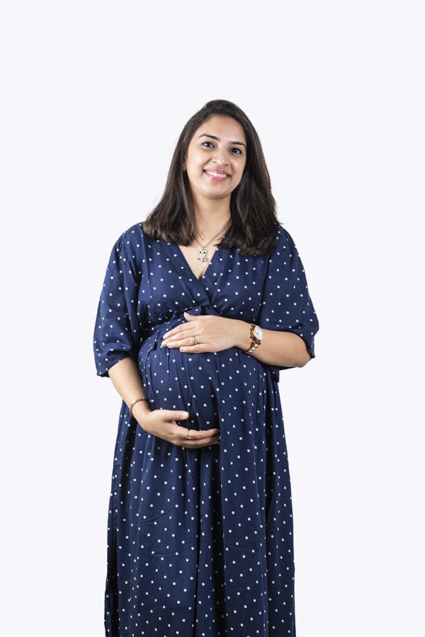 Blue Polka dots Umbrella sleeves maxi maternity dress (Front)