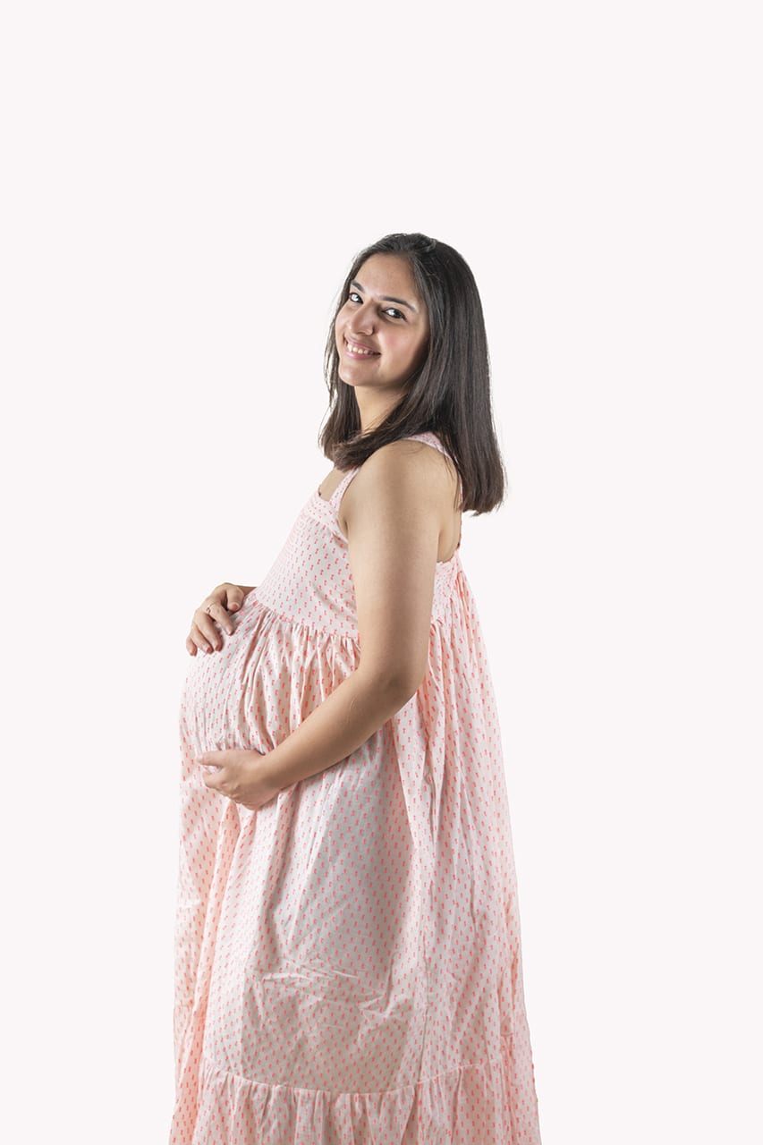 Florescent Pink Cross Back Sleeveless maxi maternity dressLeft